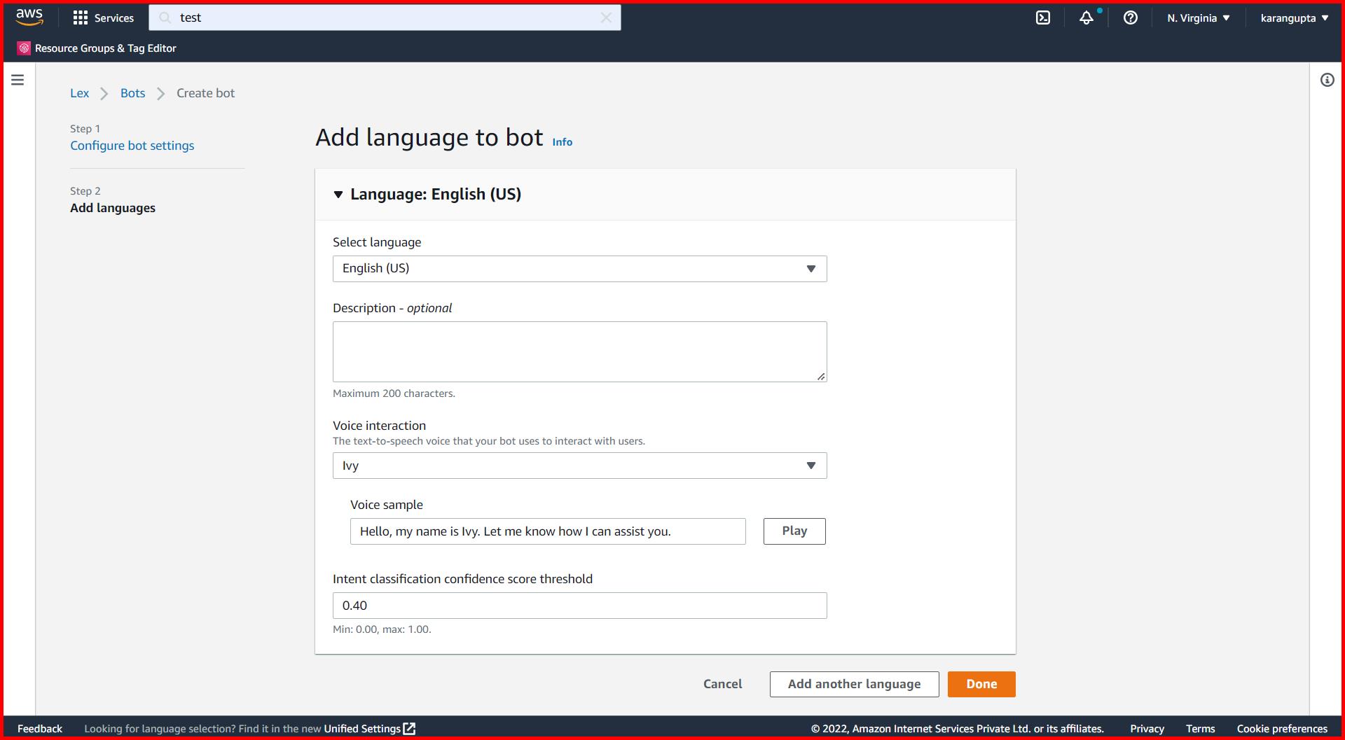 Picture showing the screen to add language to the bot